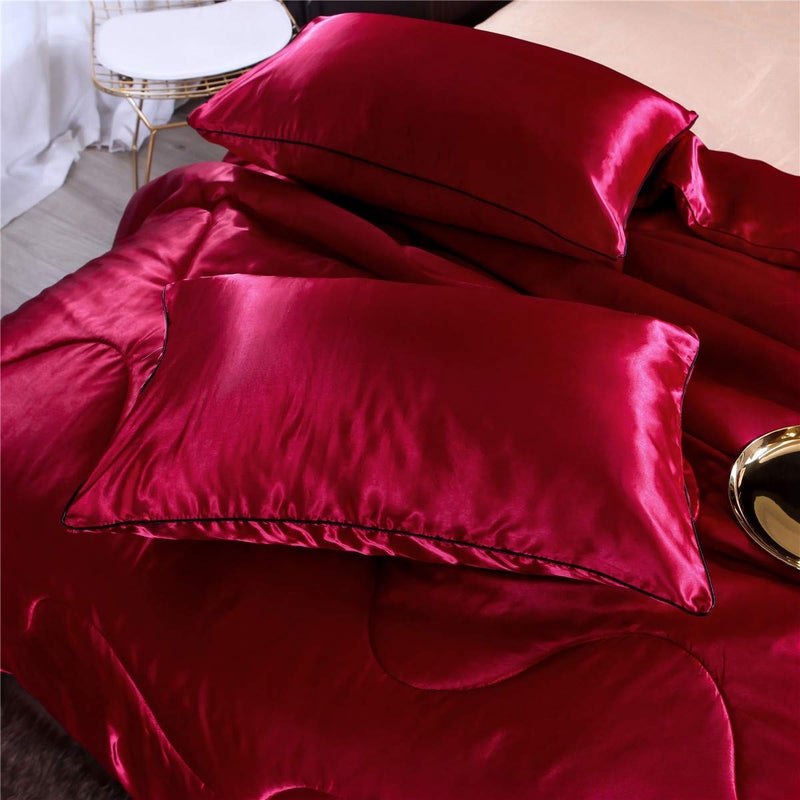 NTBED Silky Satin Comforter Set Queen (90''x90'') Luxury Soft Lightweight Sexy Microfiber Bedding Comforter with 2 Pillow Cases for Summer Spring Autumn (Red, Queen) - Image 3